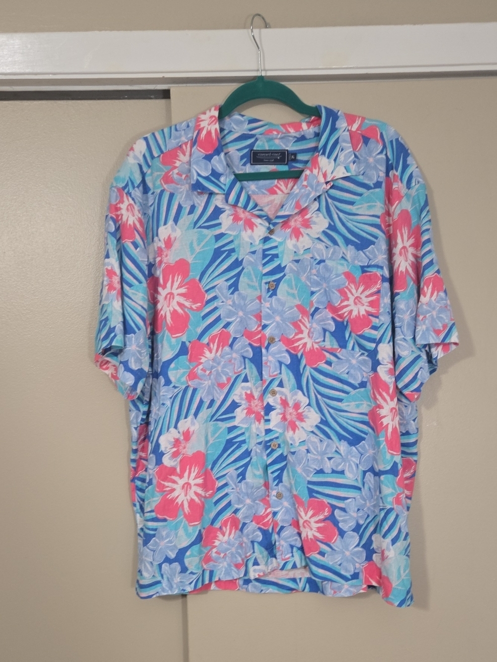 Vineyard Vines Men's Tropical Floral Button-Up Shirt in Blue and Coral Size XL